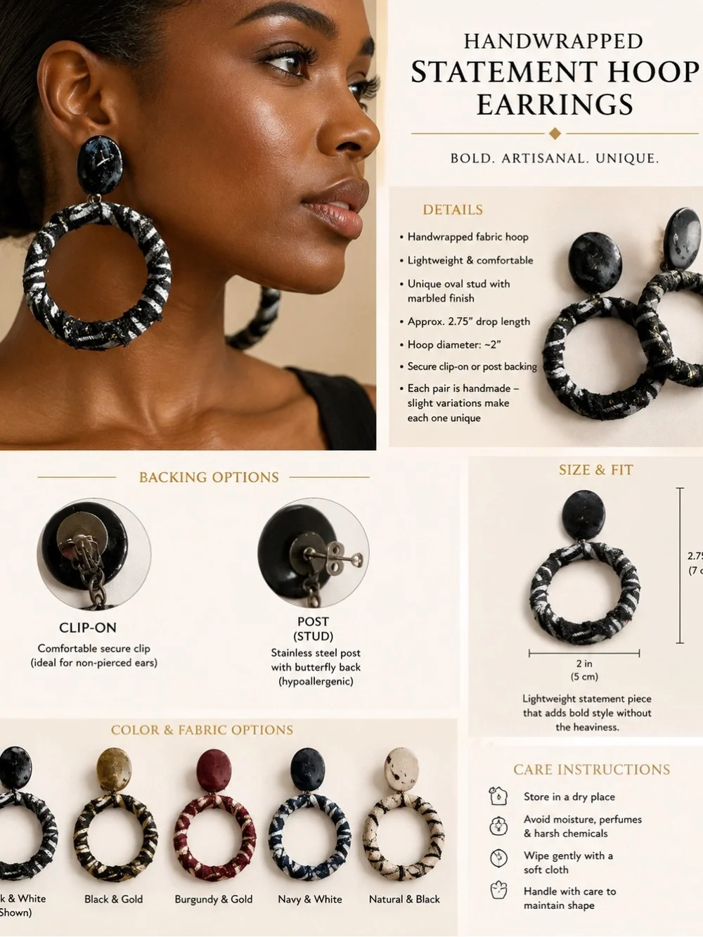 Vintage Handwrapped Black & White Statement Hoop Earrings-alter